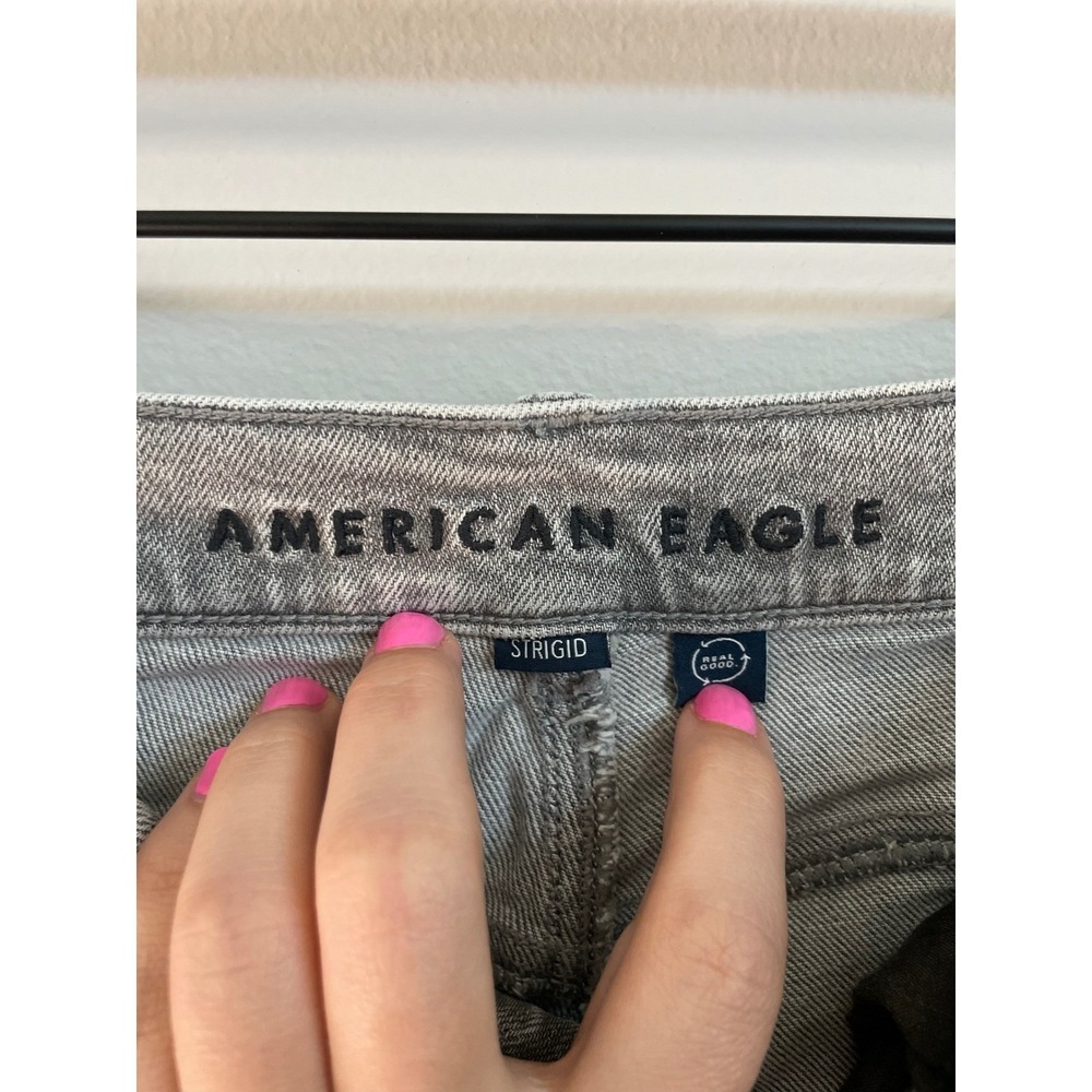 AE Rhinestoned Super High-Waist Baggy-Straight Glacier Gray Raw Hem Strigid Jean - Picture 11 of 16